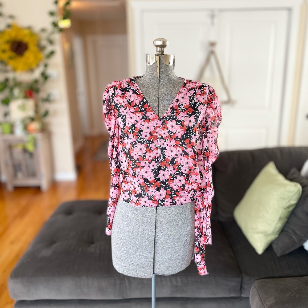 Bar lll sheer floral print long sleeve crop black pink and red top